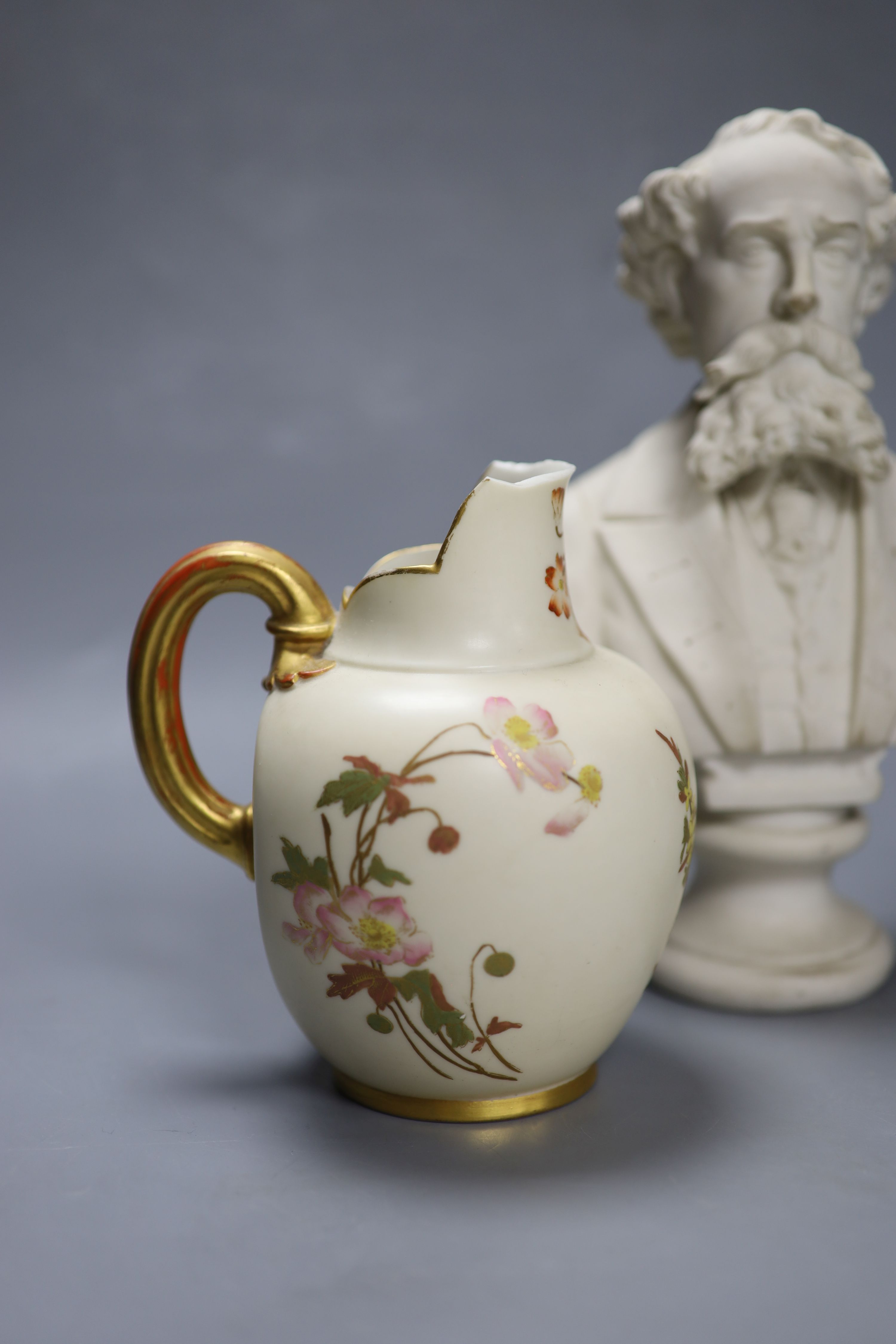 A Royal Worcester blush group cream jug, a Parian bust and a gilt metal mounted porcelain casket, tallest 24cm